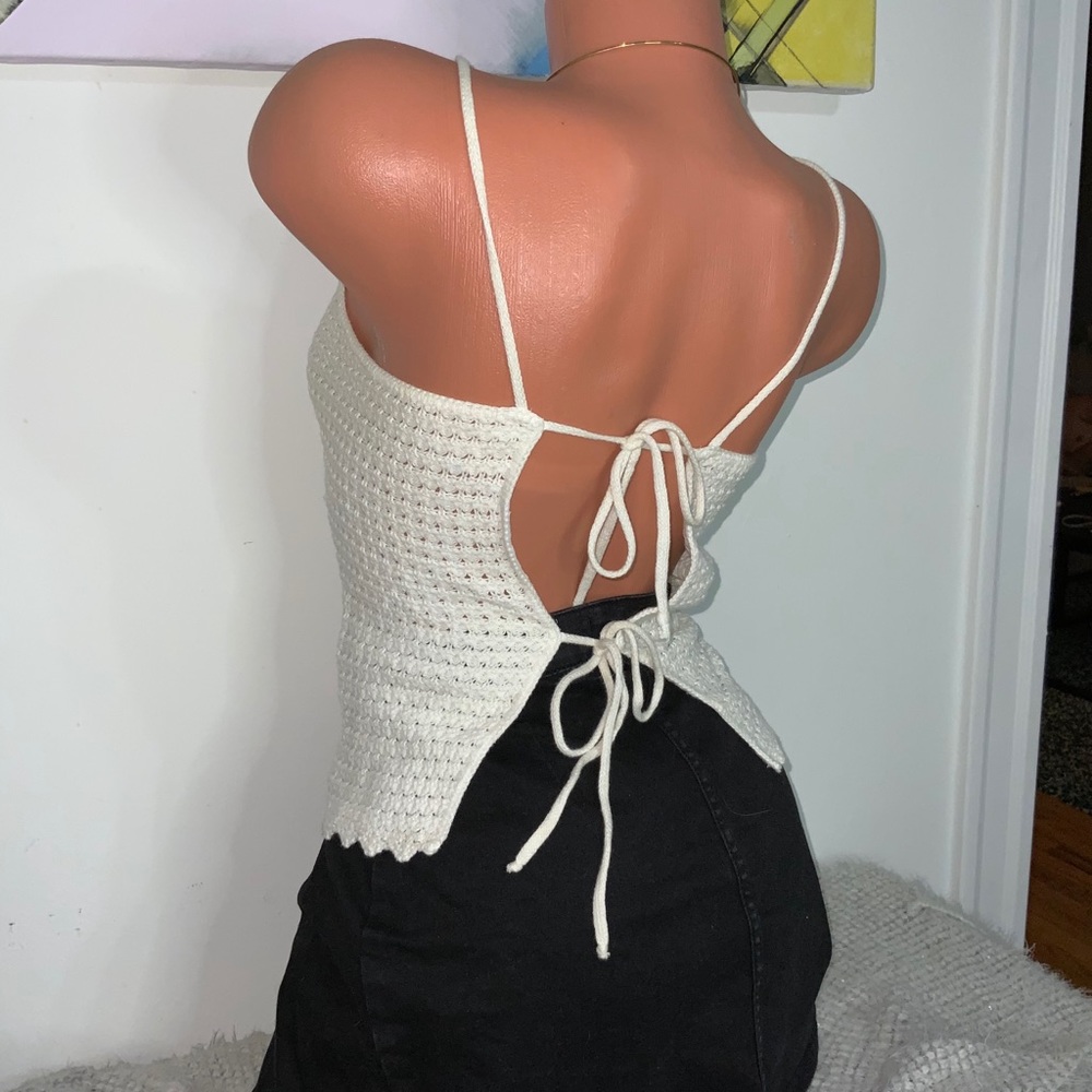 Open back tie crochet top beach cover up m white